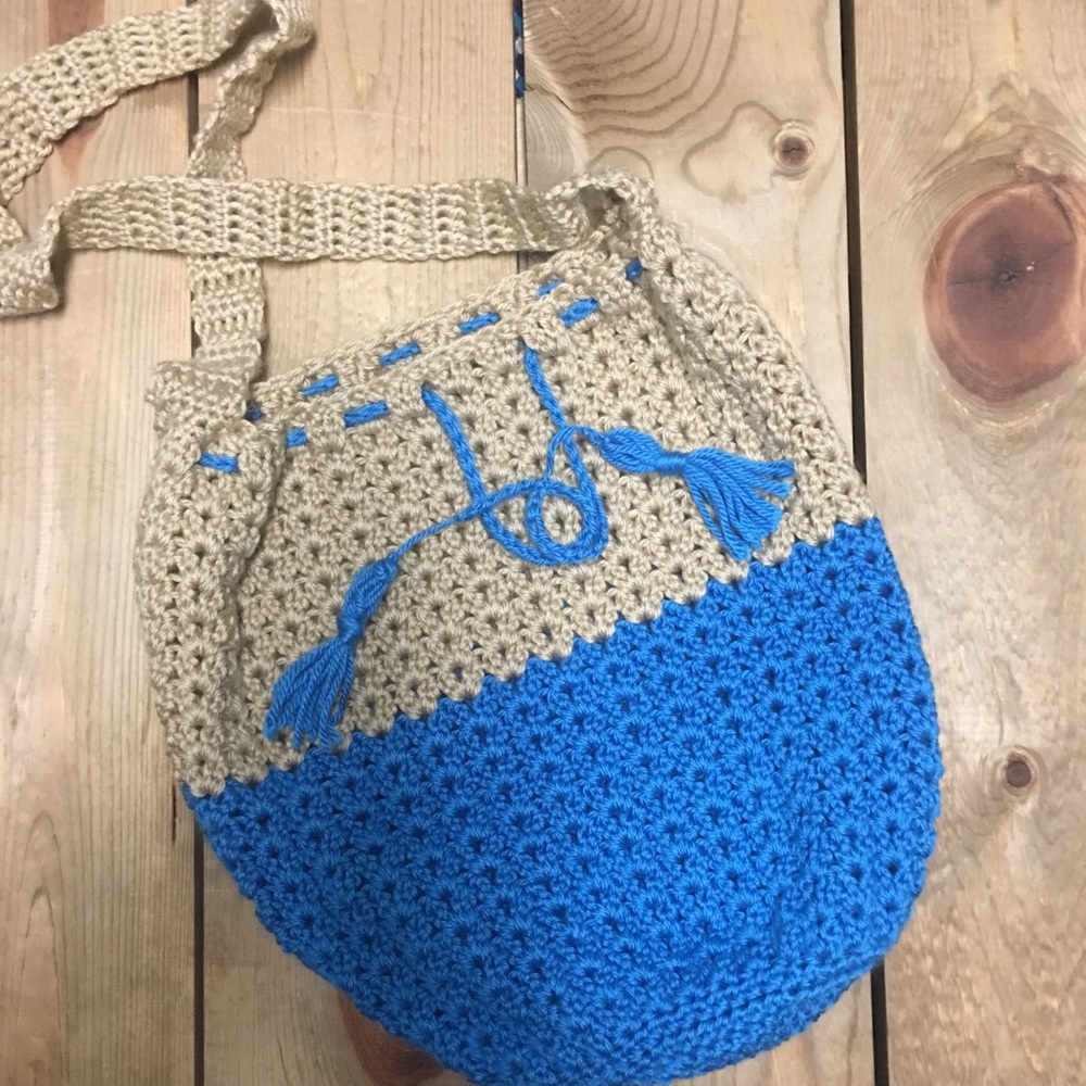 Handmade blue and tan drawstring tote bag - Picture 1 of 5
